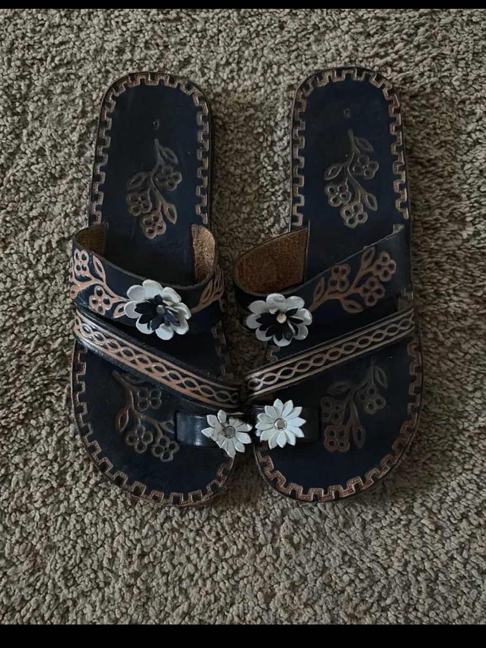 Women's Navy Floral Leather Slide Sandals with White Accents